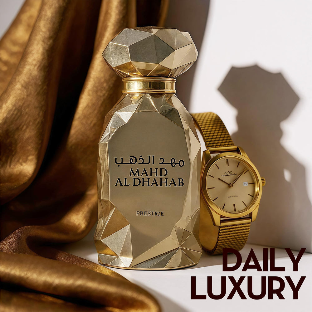 AFLUXE MAHD AL DHAHAB luxury-packaging shot conveys gilded sophistication