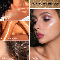 Afmicat Body Shimmer Powder skin swatch reveals champagne gold glow for daily radiance.