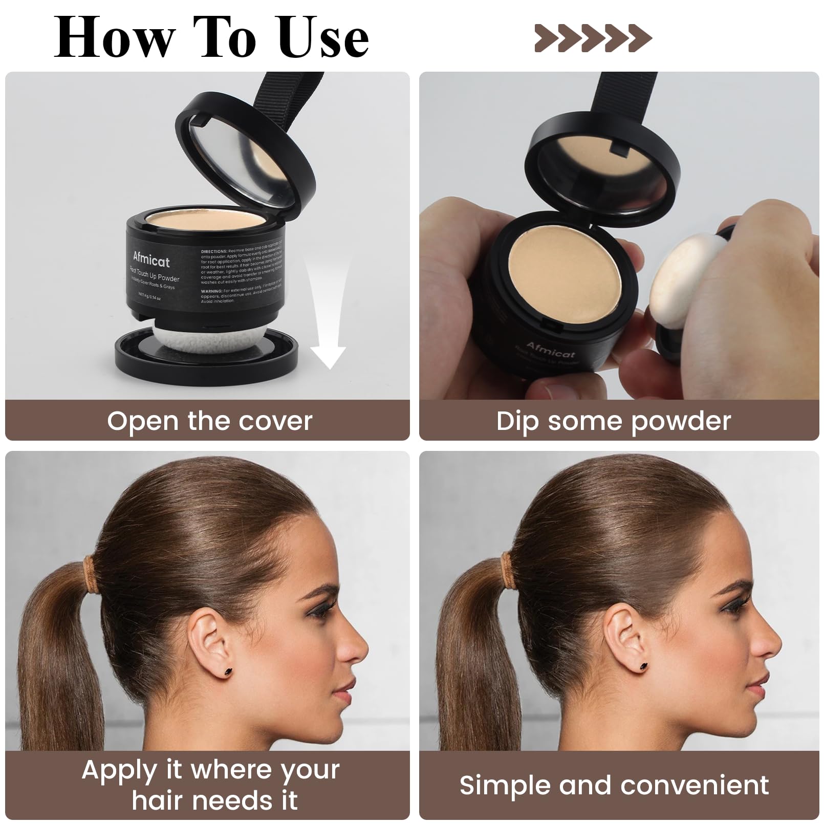 afmicat Instant Hairline Powder application on roots conceals thinning areas.