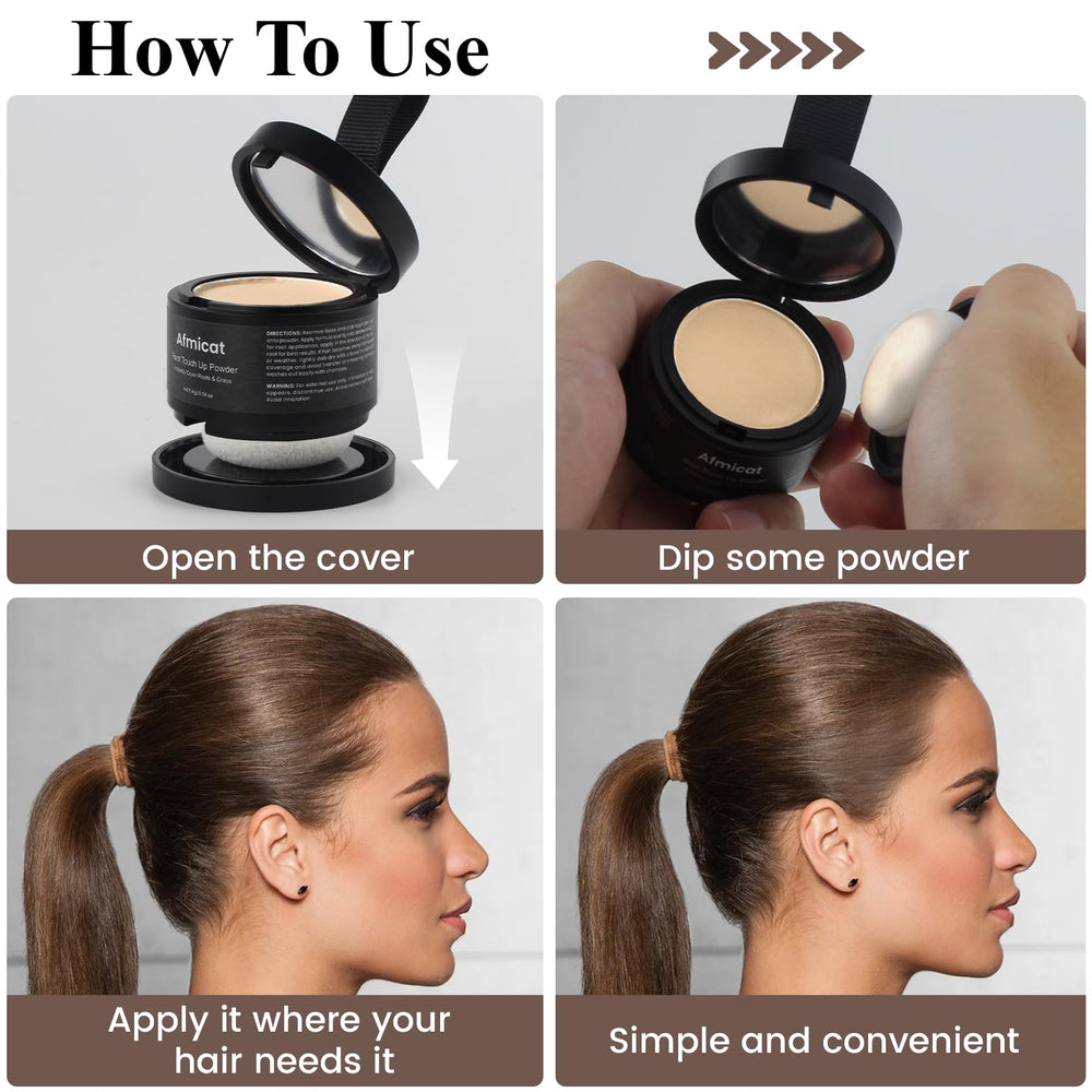 afmicat Instant Hairline Powder application on roots conceals thinning areas.