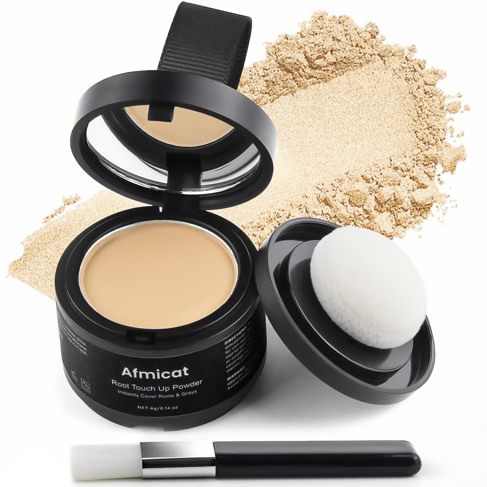 afmicat Instant Hairline Powder bottle application shows quick, natural root coverage.