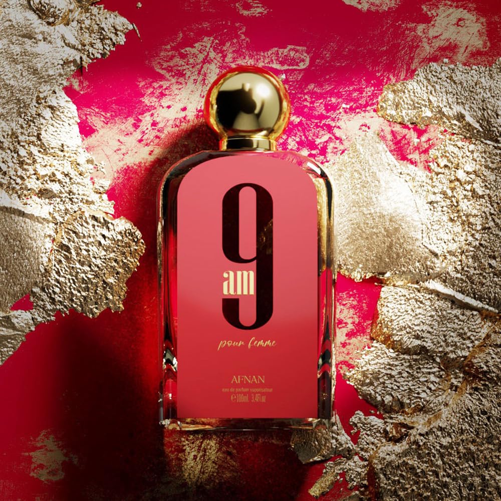 Afnan 9 AM Pour Femme bottle-side reveals fruity heart and musk balance