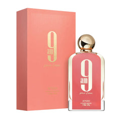 Afnan 9 AM Pour Femme box-packaging presents elegant carton design