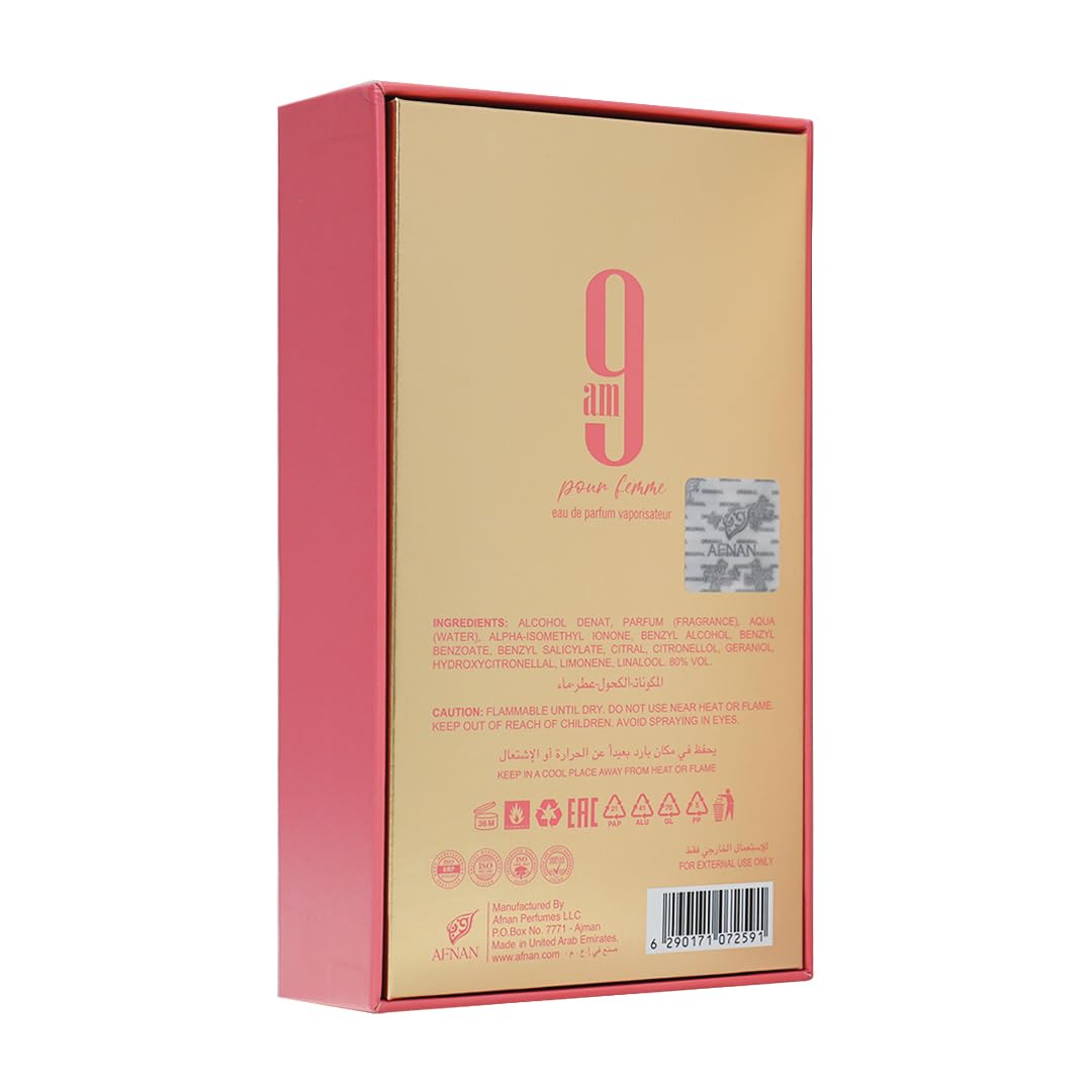 Afnan 9 AM Pour Femme liquid-illustration depicts layered fragrance notes