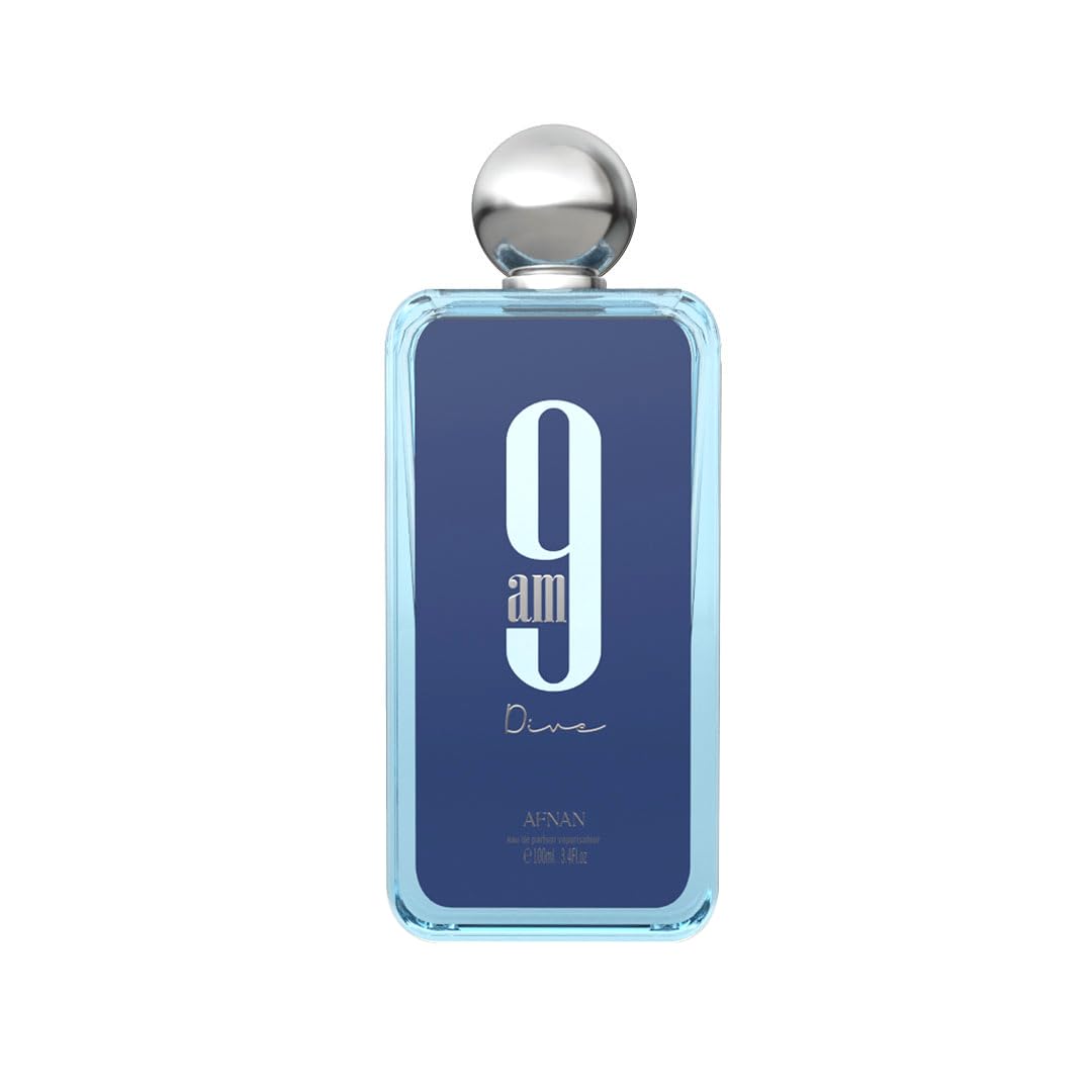Afnan 9 AM Dive bottle front view highlights fresh aquatic notes for daily wear.