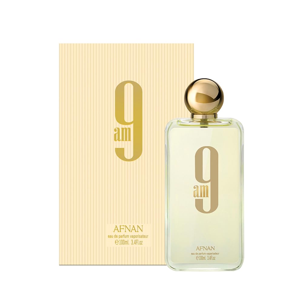 Afnan 9 AM bottle side view emphasizes sleek design and wearable sophistication.