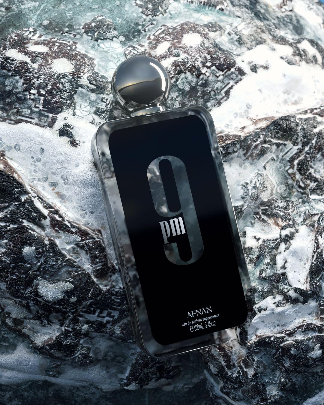 Afnan 9 PM for Men application shot hints at a confident night-out routine.