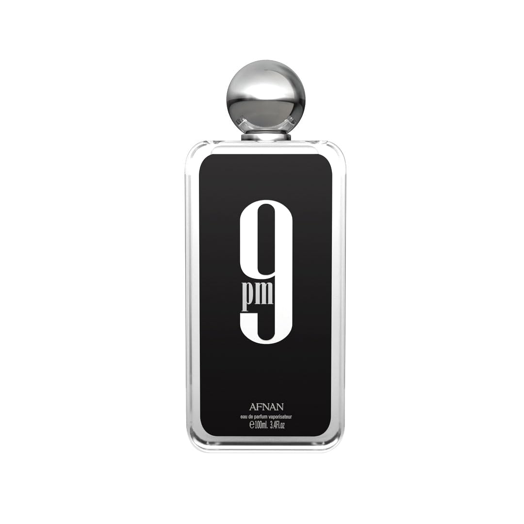 Afnan 9 PM for Men bottle front view signals bold confidence for evening wear.