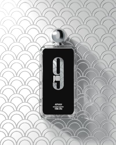 Afnan 9 PM for Men label detail emphasizes quality and branding.