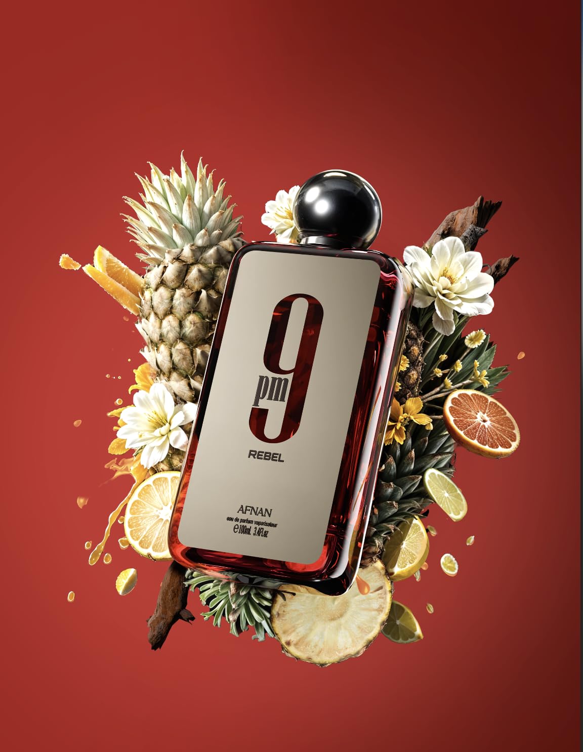 Afnan 9 PM Rebel base notes caramel dry woods ambergris musk deliver lasting richness and allure.