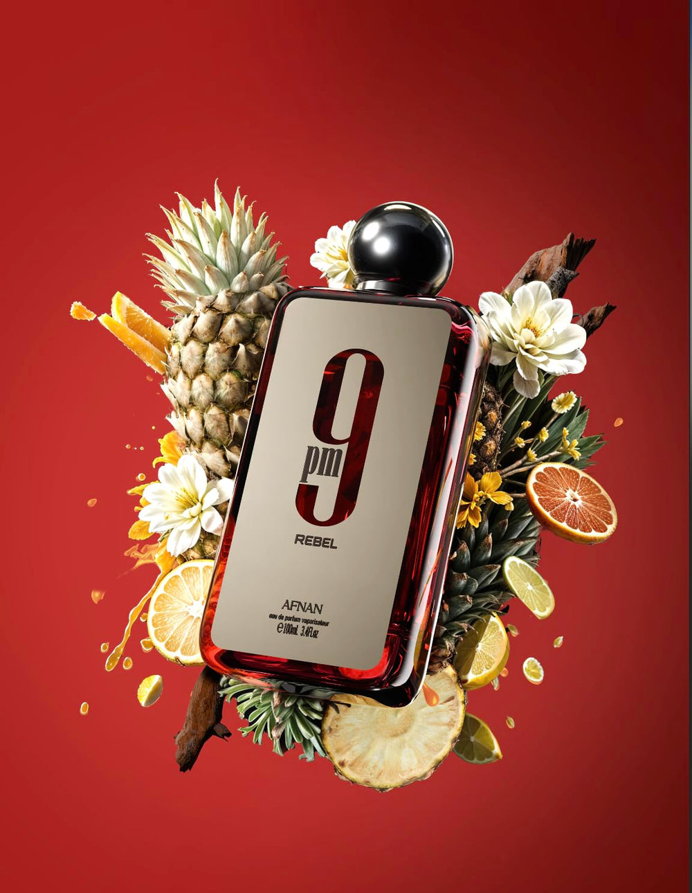 Afnan 9 PM Rebel base notes caramel dry woods ambergris musk deliver lasting richness and allure.