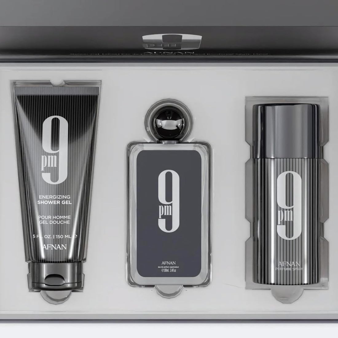 Afnan 9 PM set pack shot showing the three-piece grooming lineup for a cohesive routine