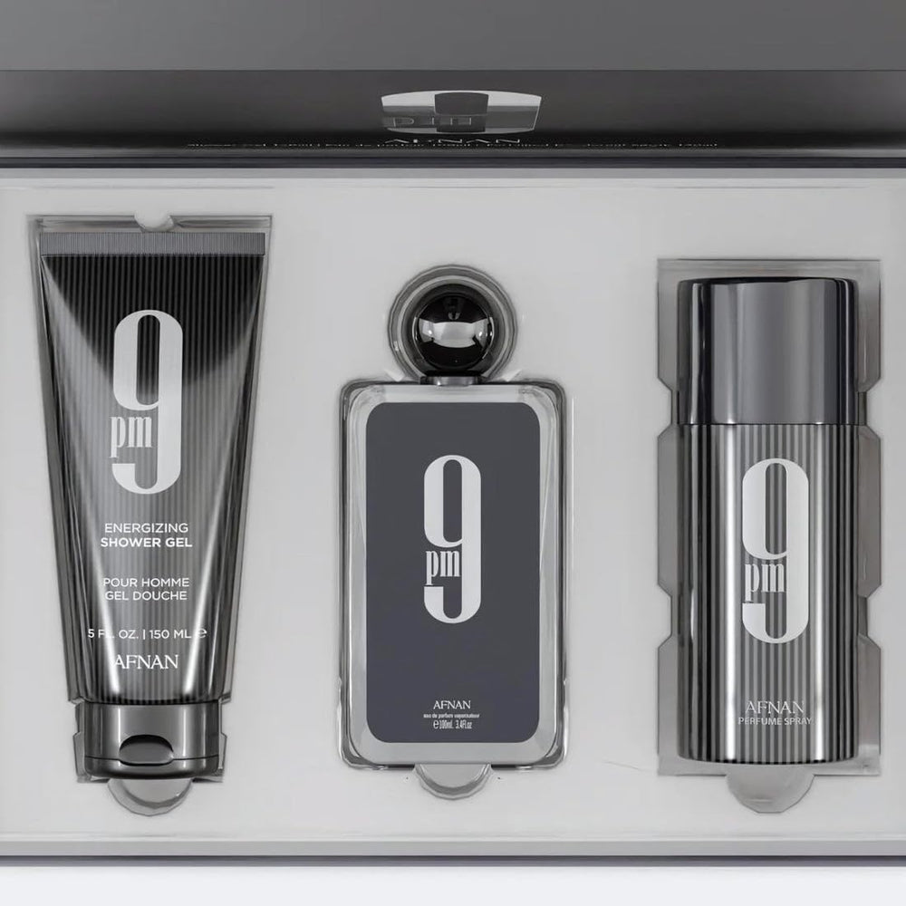 Afnan 9 PM set pack shot showing the three-piece grooming lineup for a cohesive routine