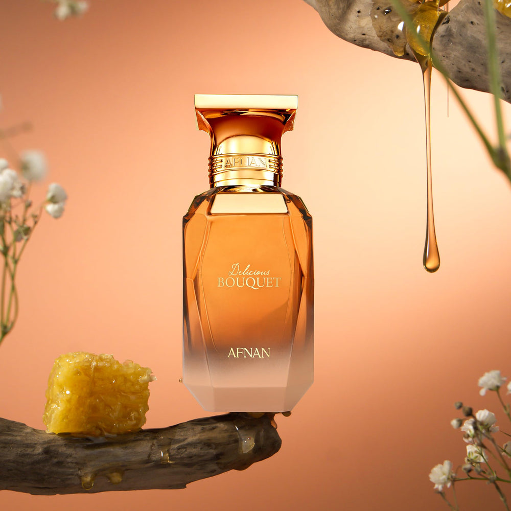 Afnan Delicious Bouquet side profile bottle highlights creamy vanilla core for cozy finishes.