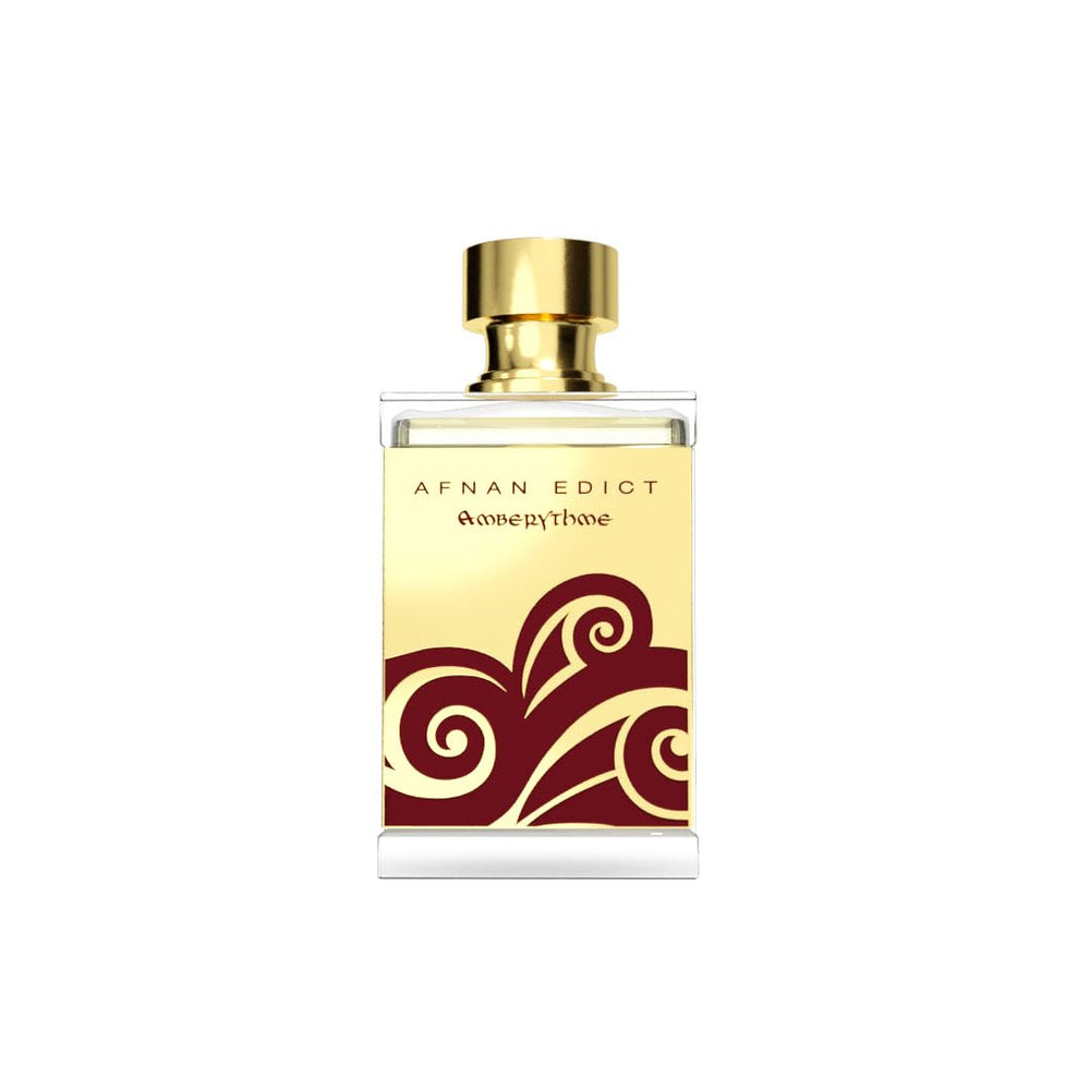 Afnan Edict Amberythme bottle on display for warm amber fragrance experience