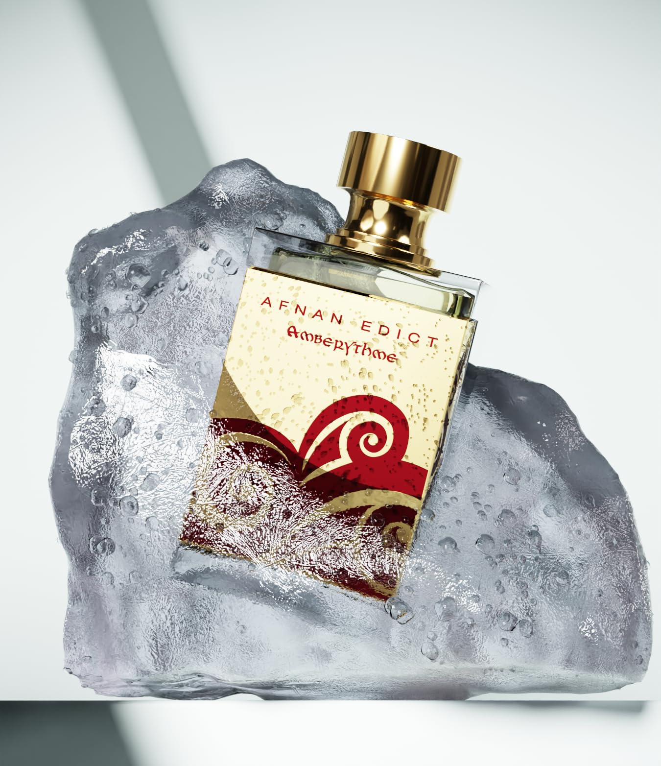 Afnan Edict Amberythme on vanity, evoking elegant nighttime allure