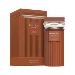 Afnan Historic Sahara ingredients scene with cardamom and bergamot hints for rich aroma.
