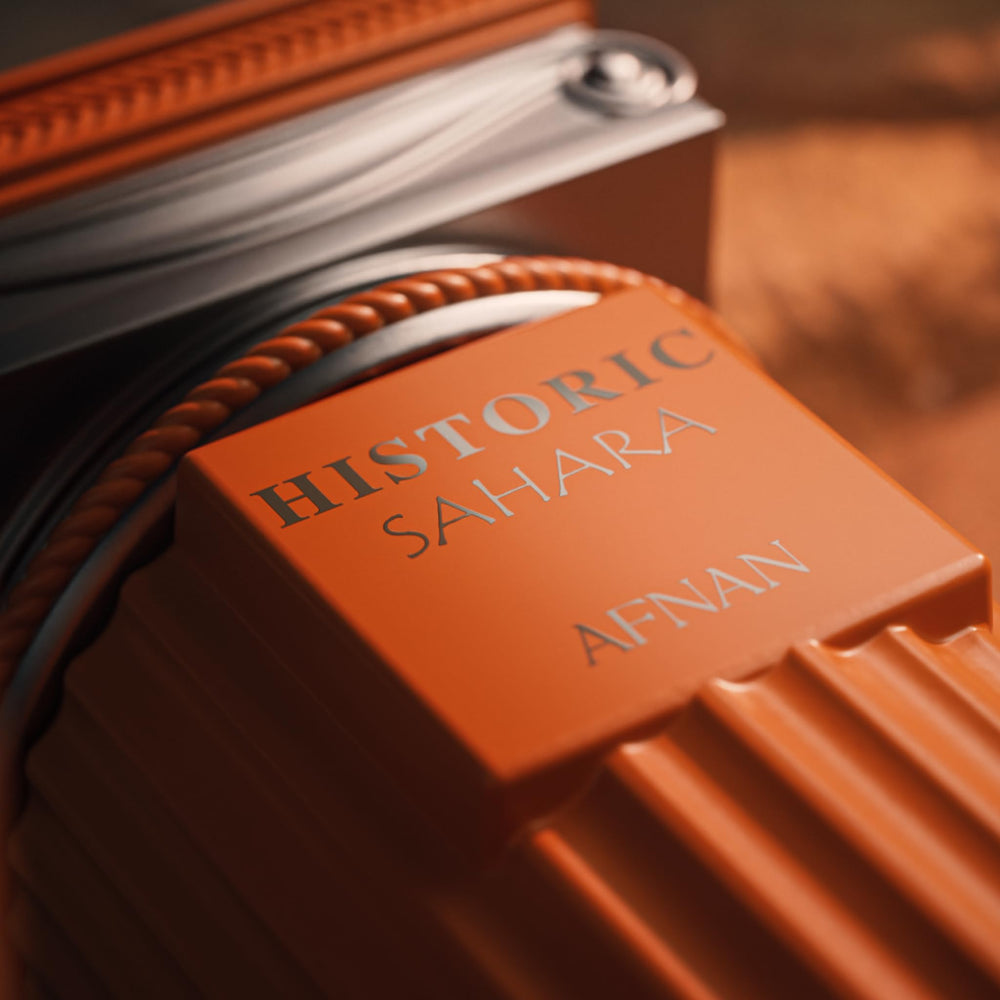 Afnan Historic Sahara woody-musky dry-down highlighted with praline and ambroxan for lasting presence.