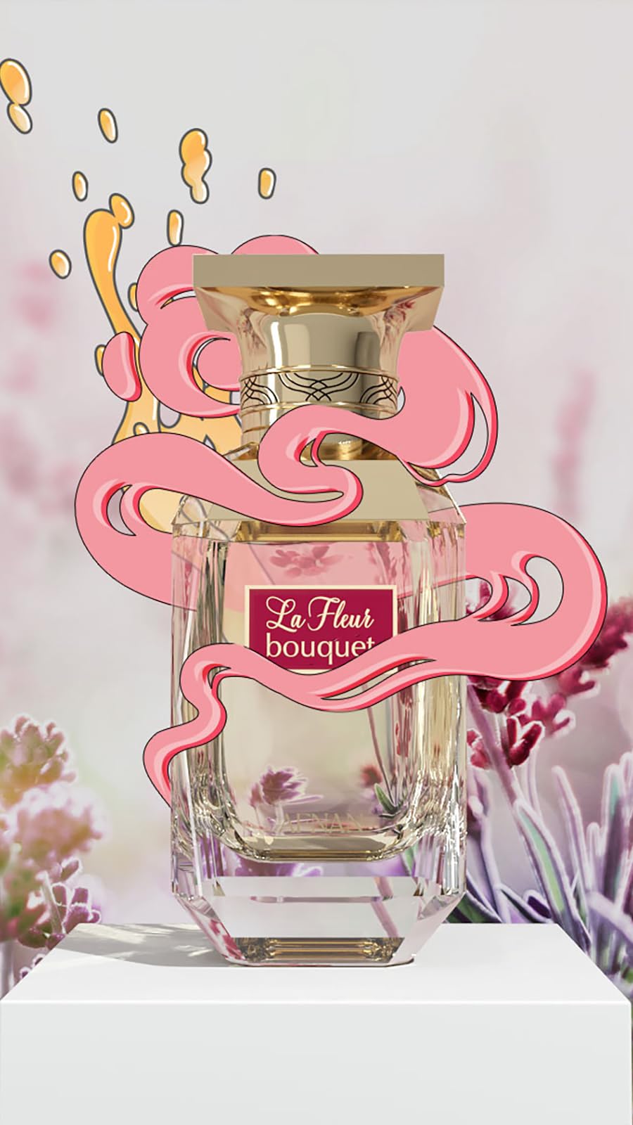 Afnan La Fleur Bouquet base-notes Musk Moss Petalia image shows long-lasting base for lingering allure