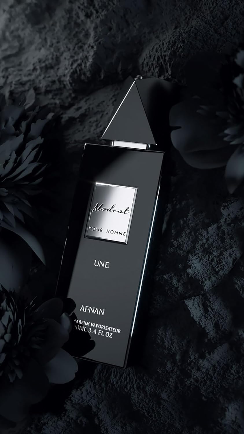 Afnan Modest Pour Homme bottle close-up shows premium packaging