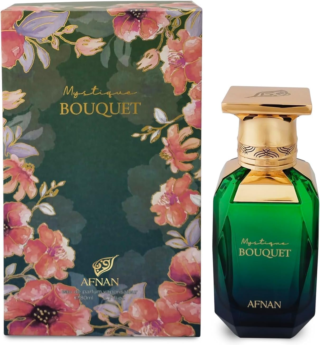 Afnan Mystique Bouquet perfume bottle with elegant glass and gold accents for a chic display