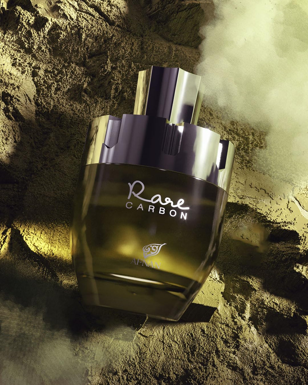 Afnan Rare Carbon perfume on a dresser hints at versatile daytime and evening wear.