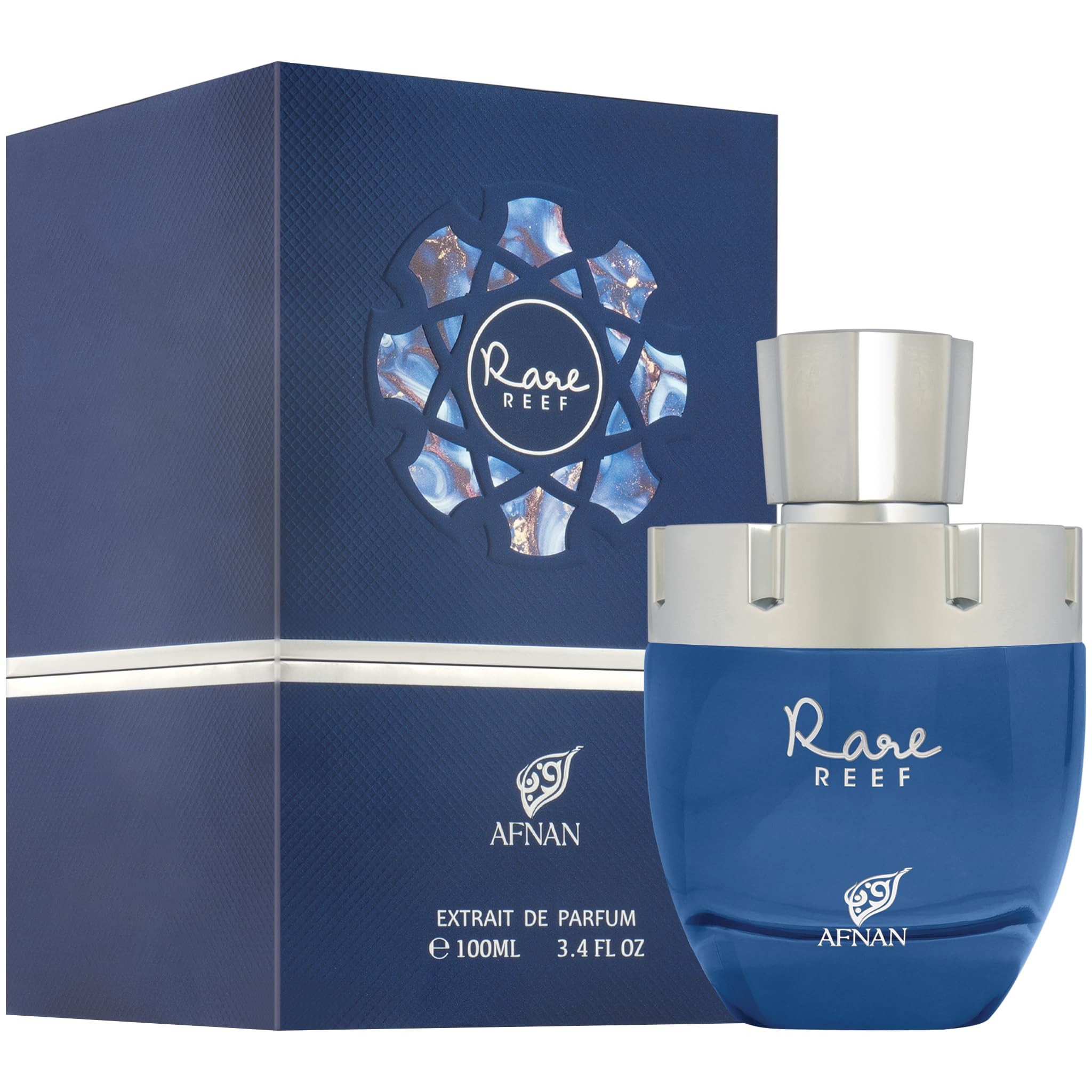 Afnan Rare Reef cap detail highlights premium finishing for a sophisticated fragrance ritual.