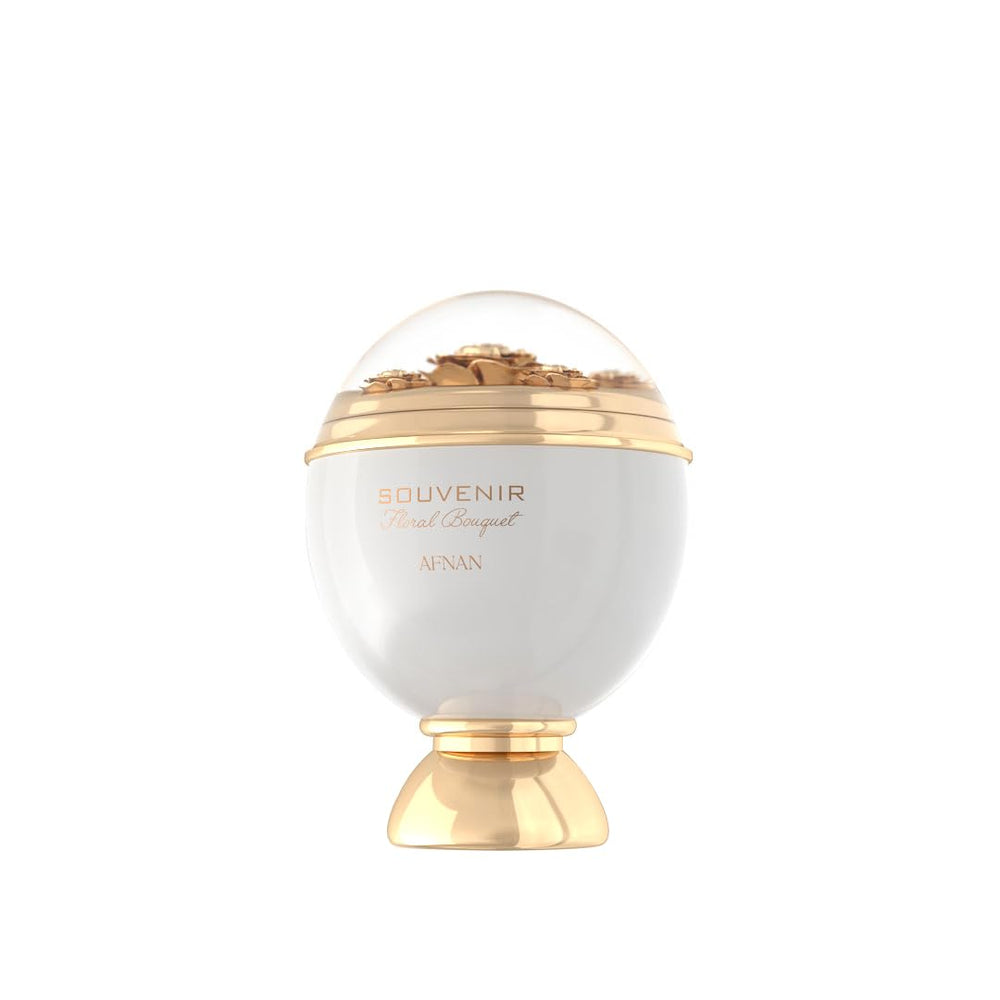 Afnan Souvenir Floral Bouquet label detail emphasizes premium craftsmanship and luxury branding.