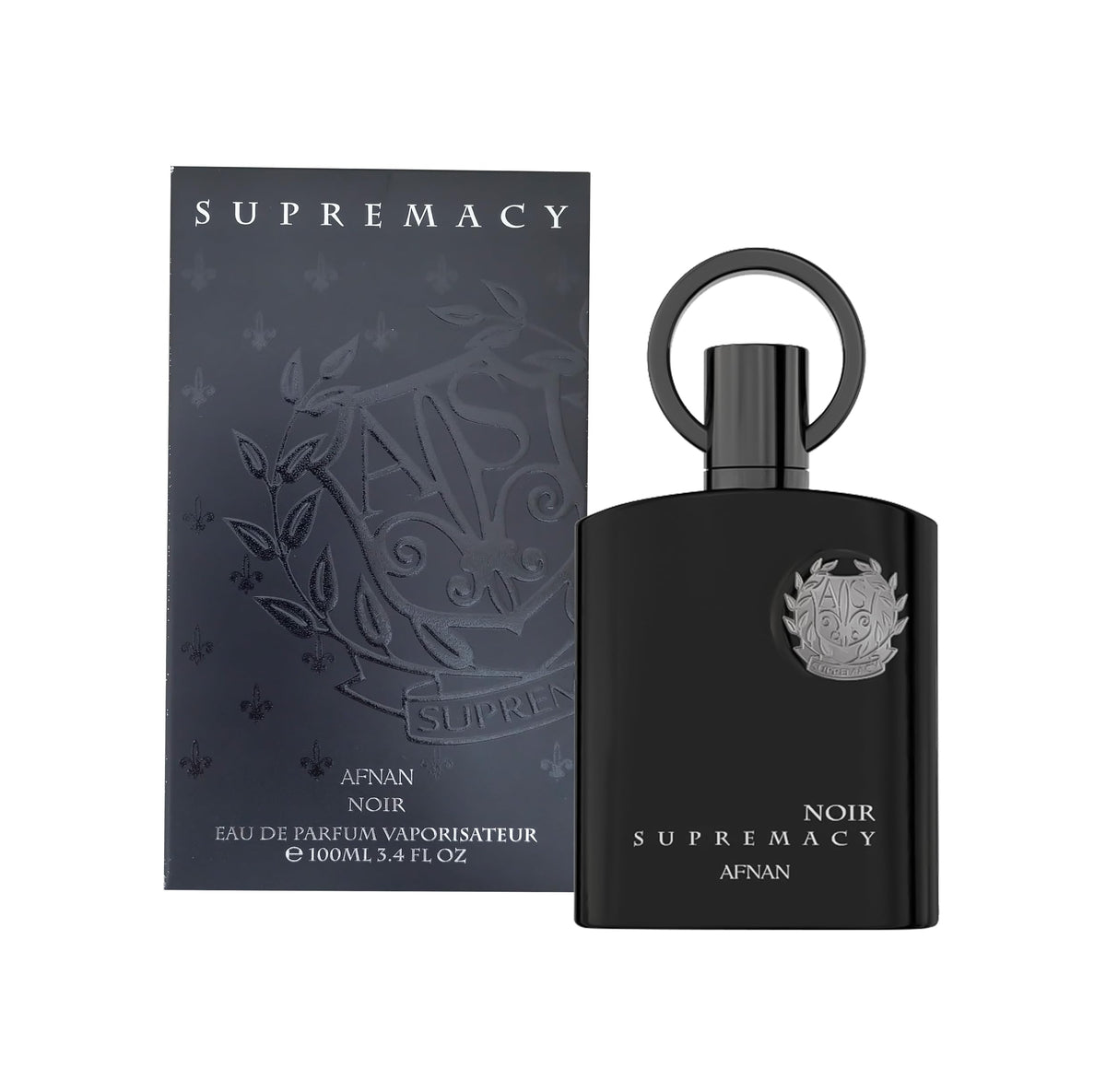 Afnan Supremacy Noir bottle front shows bold elegance for daily wear.
