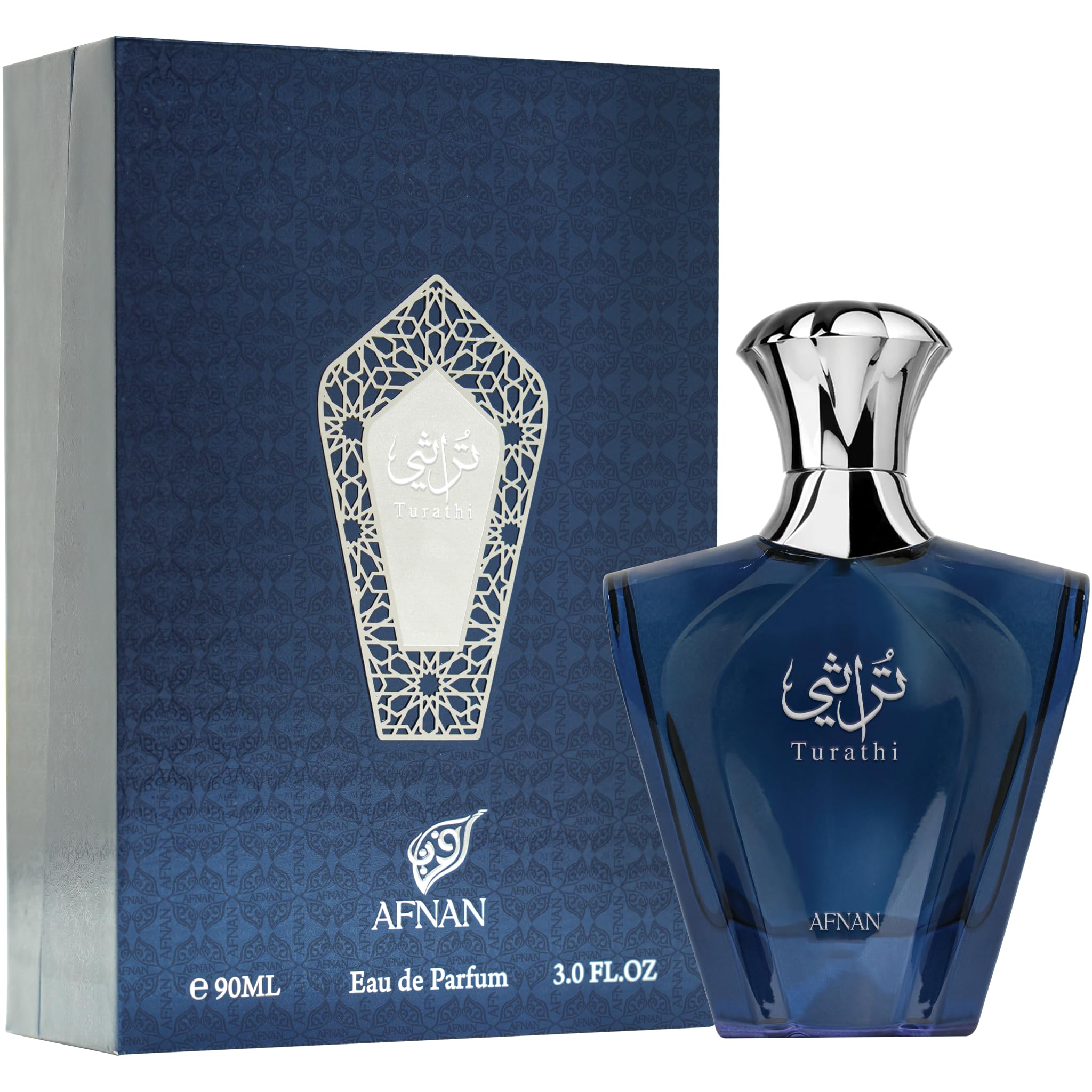 Afnan Turathi Blue base notes musk and patchouli for a lasting trail.