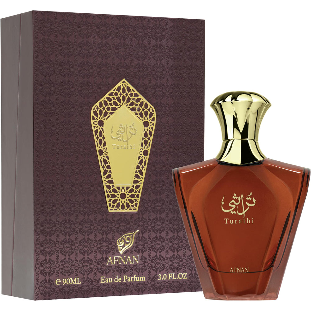 Afnan Turathi Brown base-notes balsamic rose aquatic image signals lasting refinement and subtle complexity.