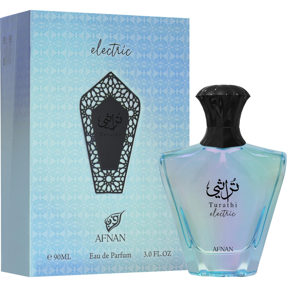 Afnan Turathi Electric mid-notes image featuring orange blossom and cedarwood for modern elegance.