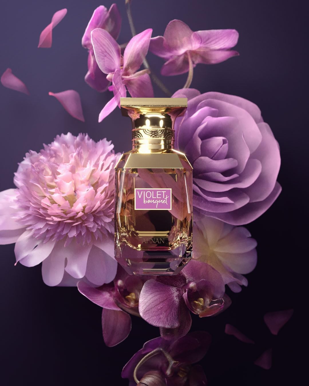 Afnan Violet Bouquet bottle-side reveals slender silhouette ideal for on-the-go charm.