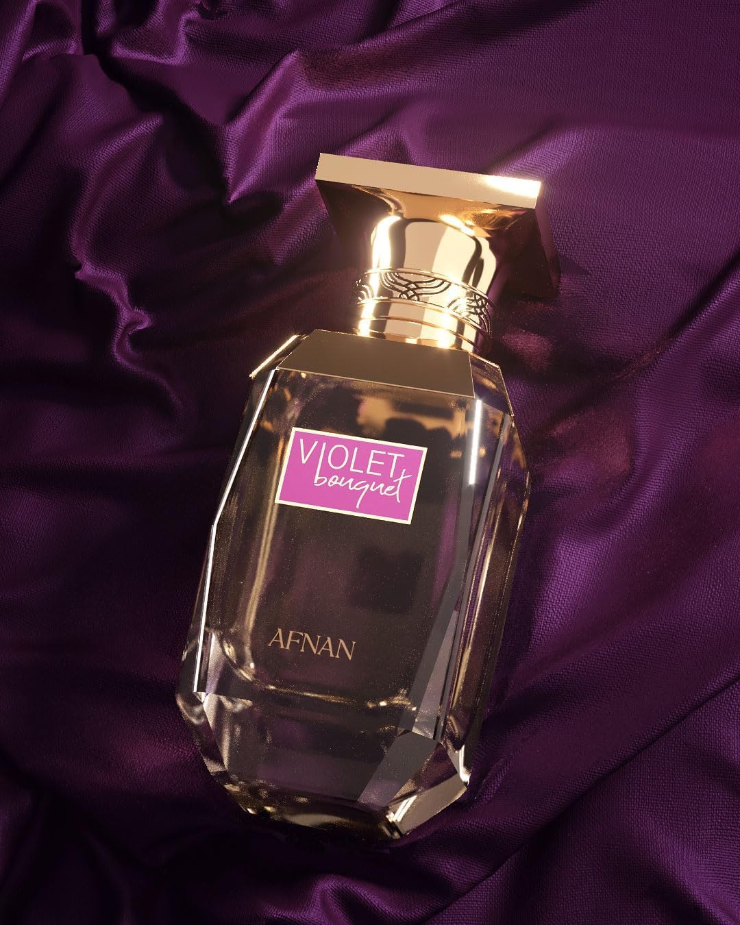 Afnan Violet Bouquet swirl in glass emphasizes long-lasting scent profile.