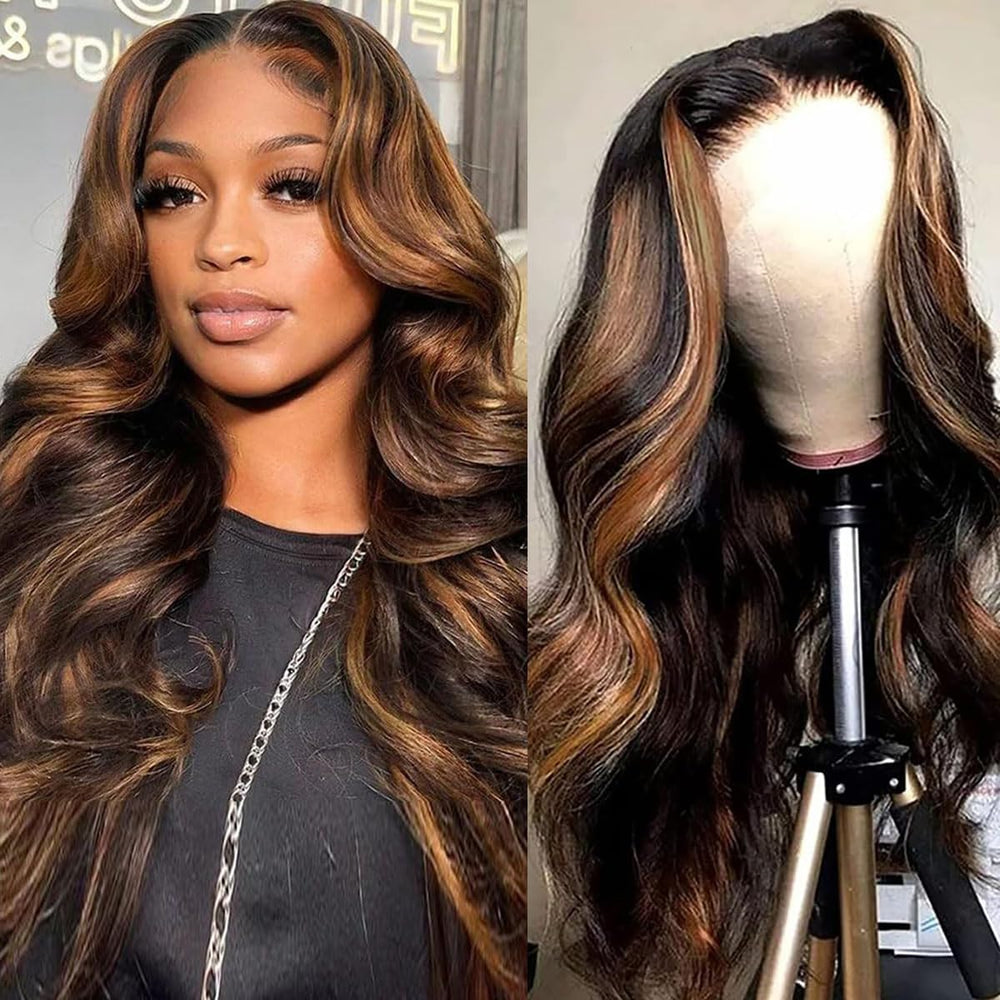 Afribye 30-inch highlight ombre lace-front wig closeup shows natural color and shine