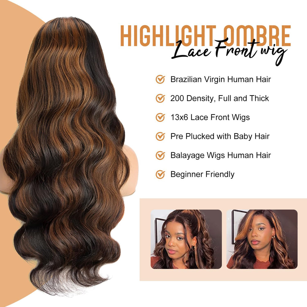Afribye 30-inch highlight ombre lace-front wig with hd lace blends with skin