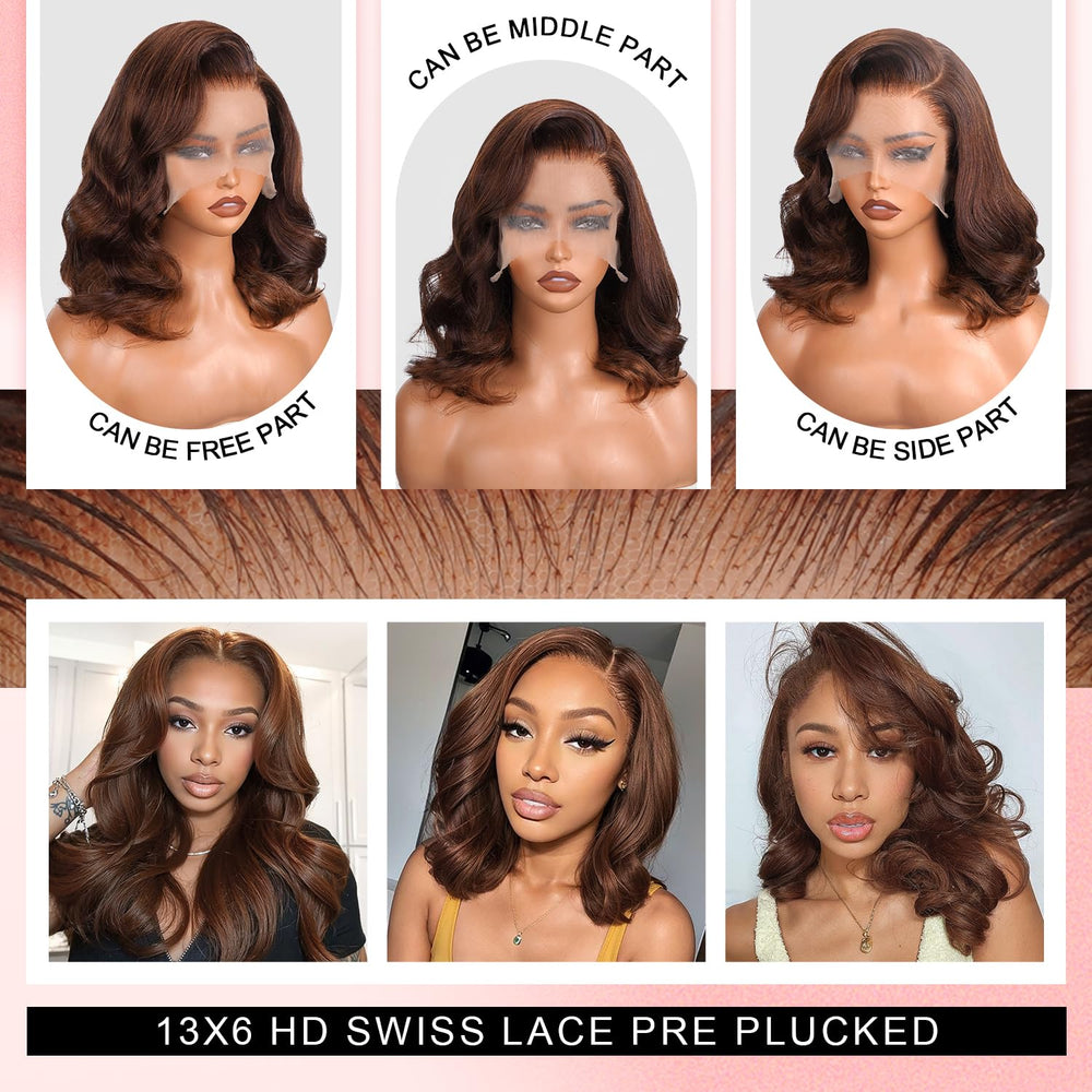 Afribye short bob wig in natural chocolate brown lace front on model.