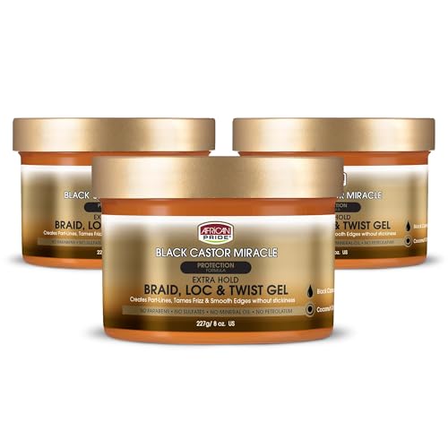 African Pride Black Castor Miracle bottle close-up showing natural braid gel for frizz control.