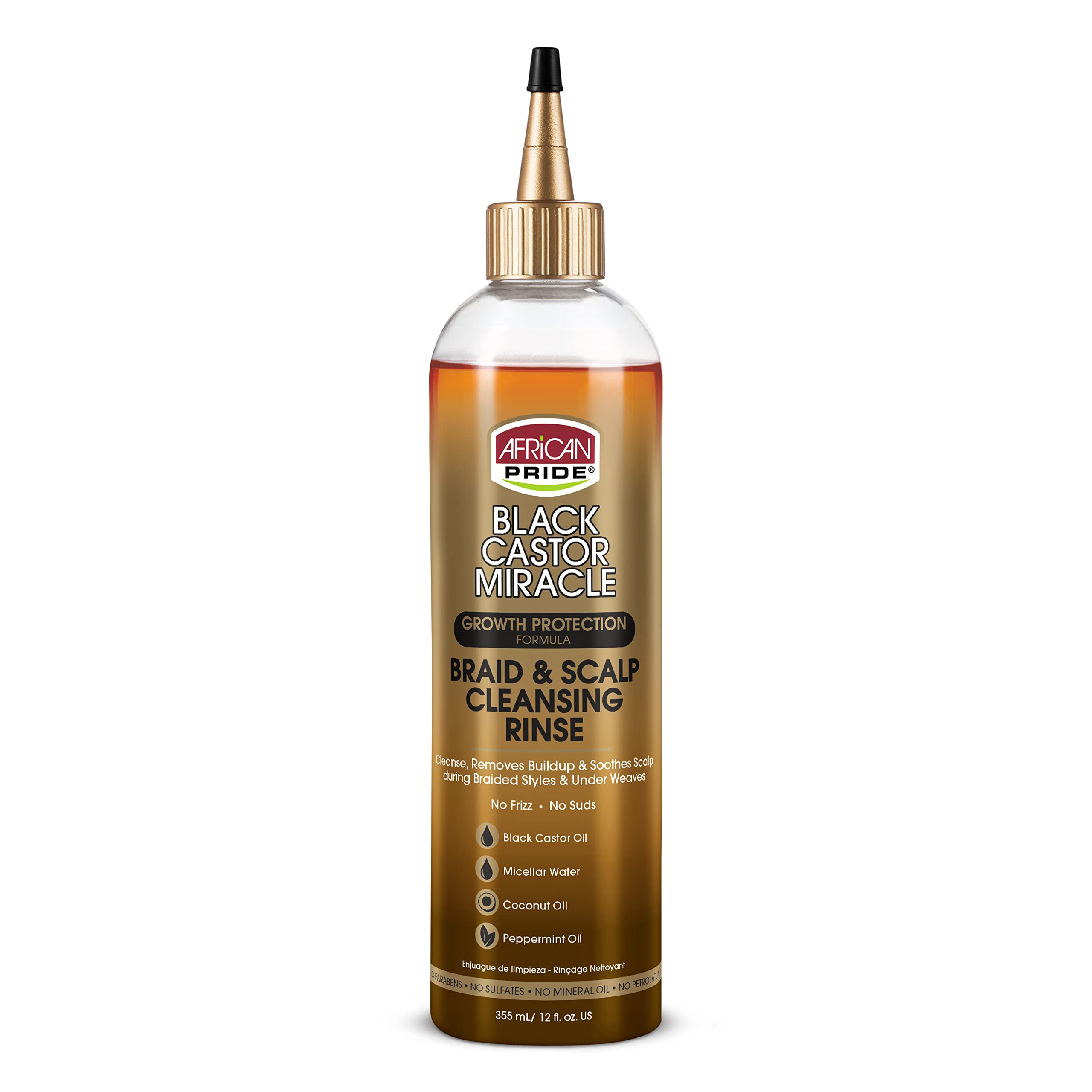 African Pride Black Castor Miracle Braid Rinse bottle for scalp cleansing.