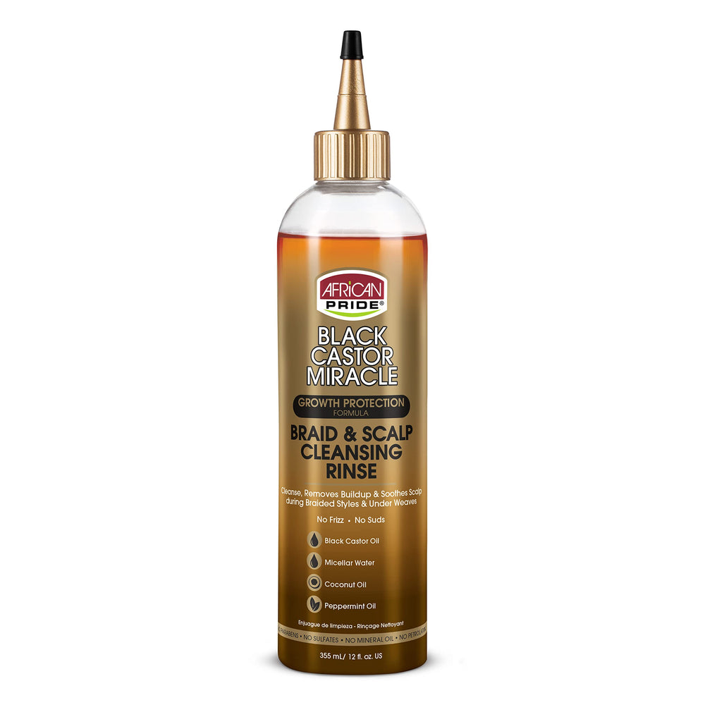 African Pride Black Castor Miracle Braid Rinse bottle for scalp cleansing.