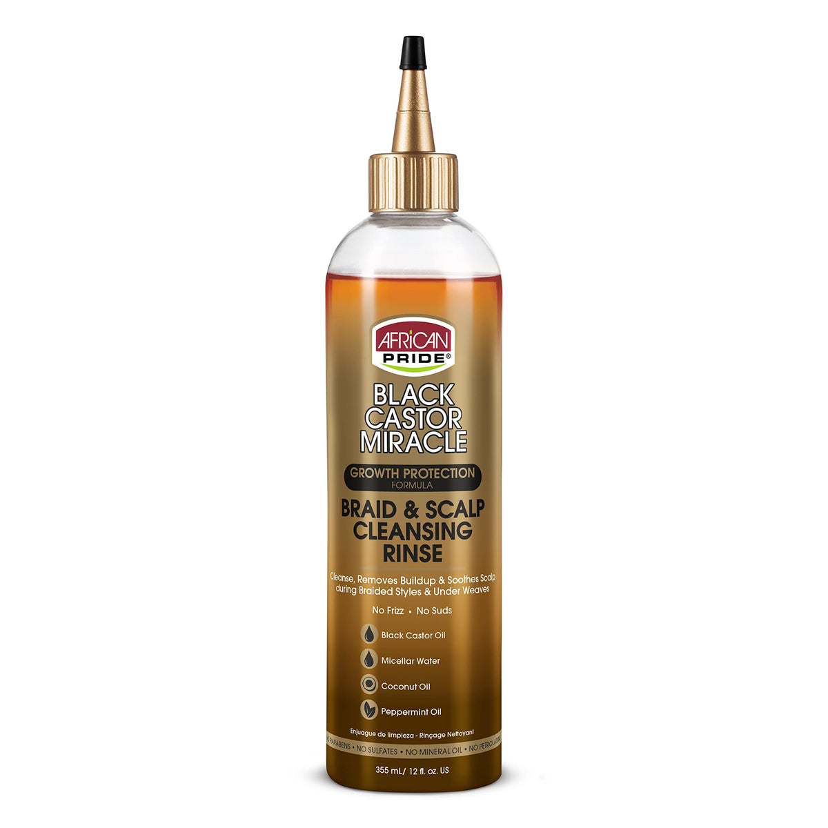 African Pride Black Castor Miracle Braid Rinse bottle for scalp cleansing.