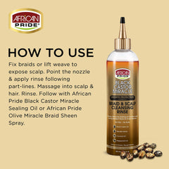 African Pride braid rinse ingredients label highlights micellar water and peppermint oil.