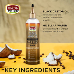 African Pride braid rinse pouring splash showing gentle cleansing for hair.