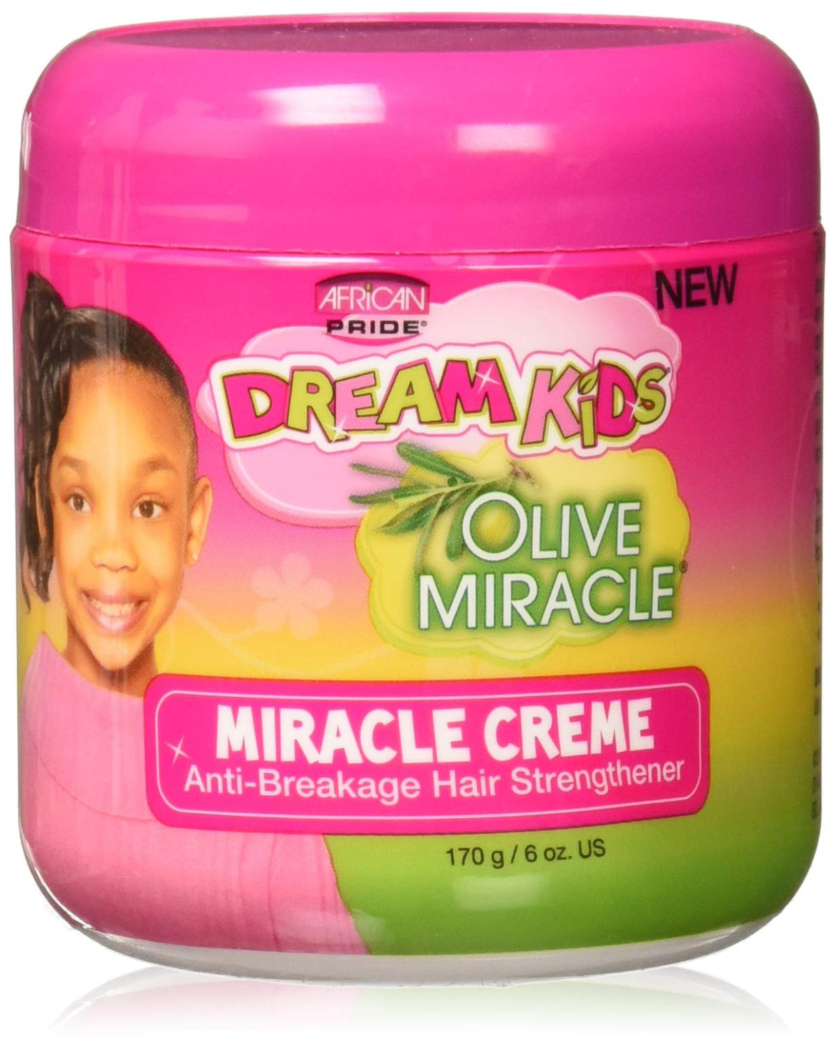 African Pride Dream Kids Olive Miracle Creme: botella visible, brillo saludable en el cabello infantil.