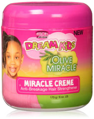 African Pride Dream Kids Olive Miracle Creme: botella visible, brillo saludable en el cabello infantil.