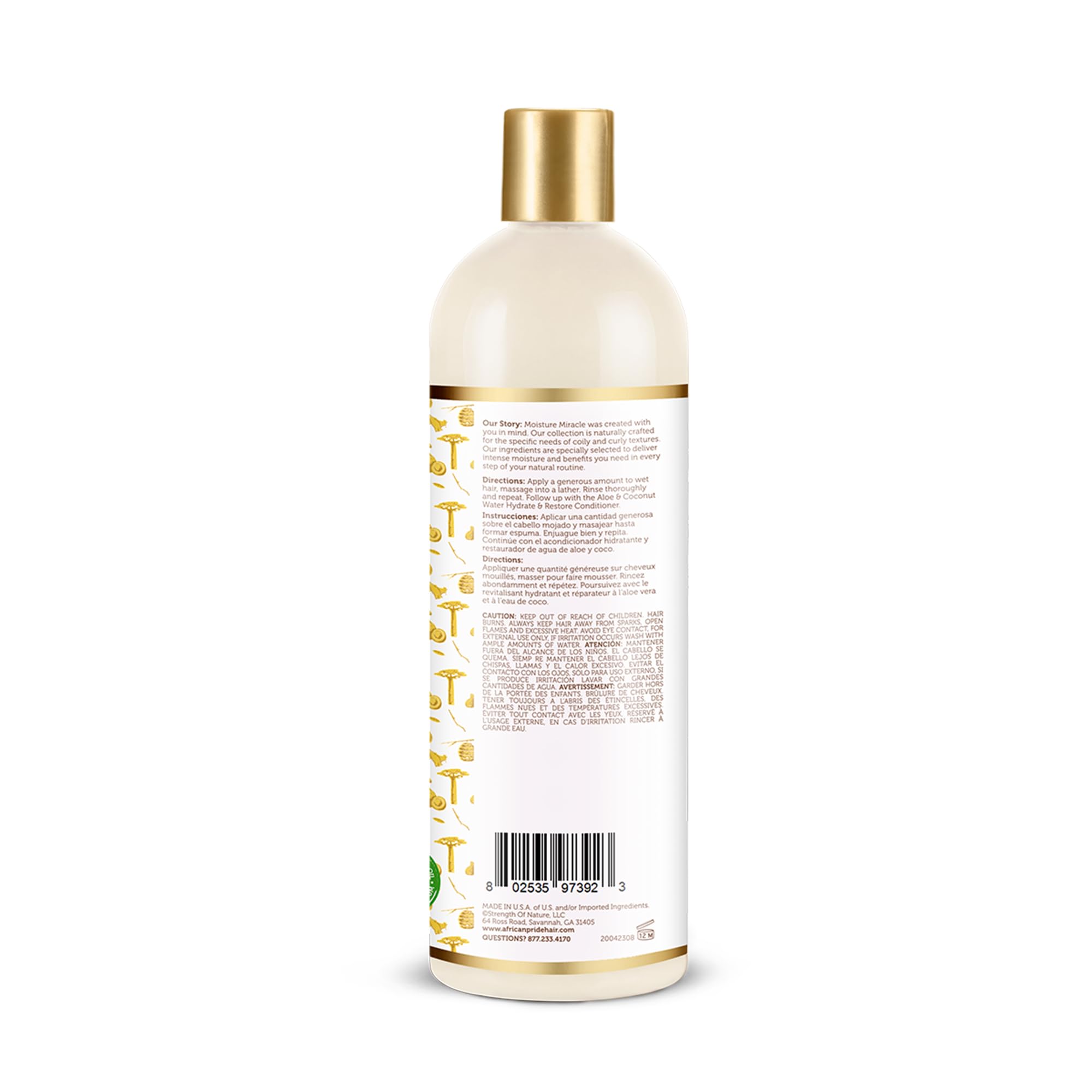 African Pride Moisture Miracle shampoo on sink showing ready-to-style hydration after wash.
