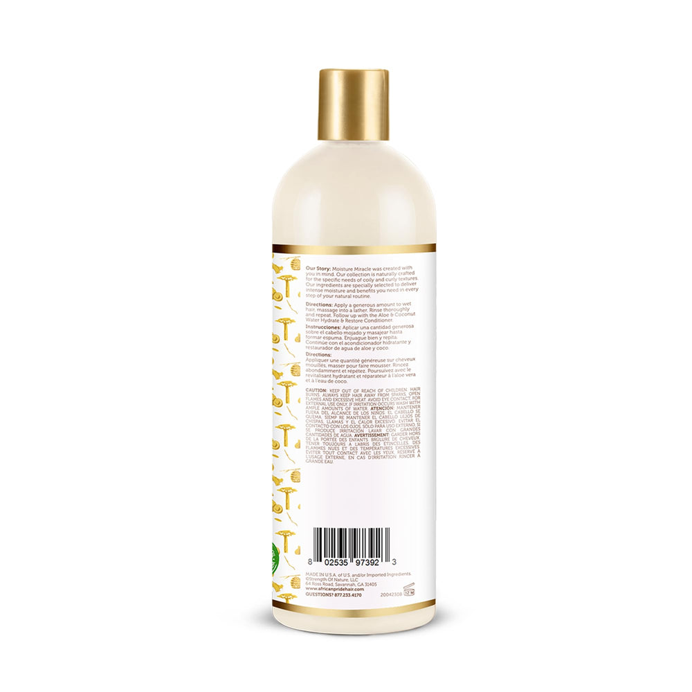 African Pride Moisture Miracle shampoo on sink showing ready-to-style hydration after wash.