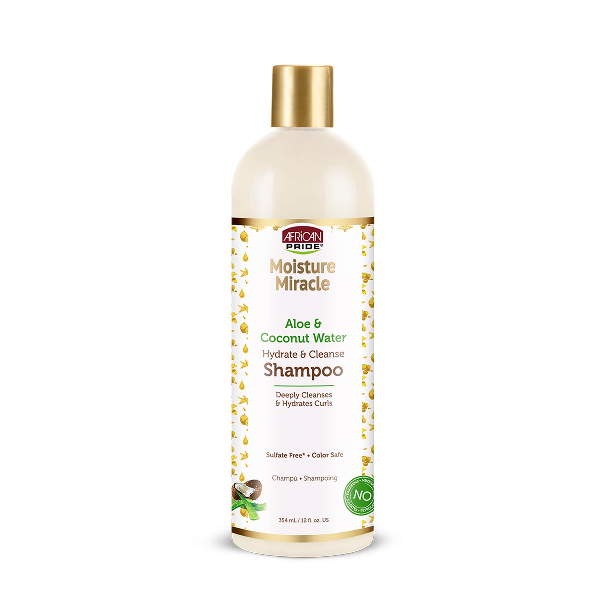 African Pride Moisture Miracle Aloe & Coconut Water Shampoo bottle front for hydrating cleanse.