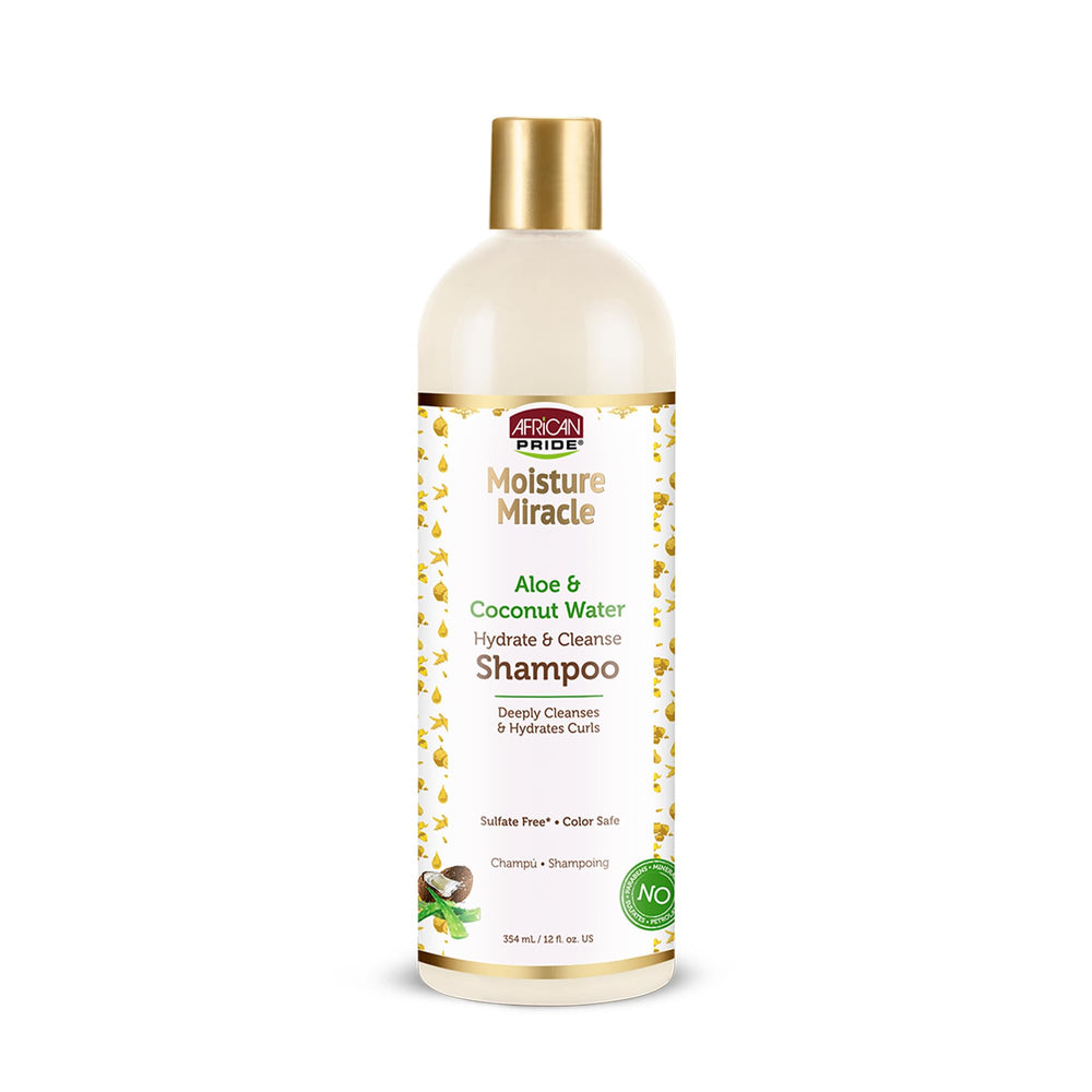 African Pride Moisture Miracle Aloe & Coconut Water Shampoo bottle front for hydrating cleanse.