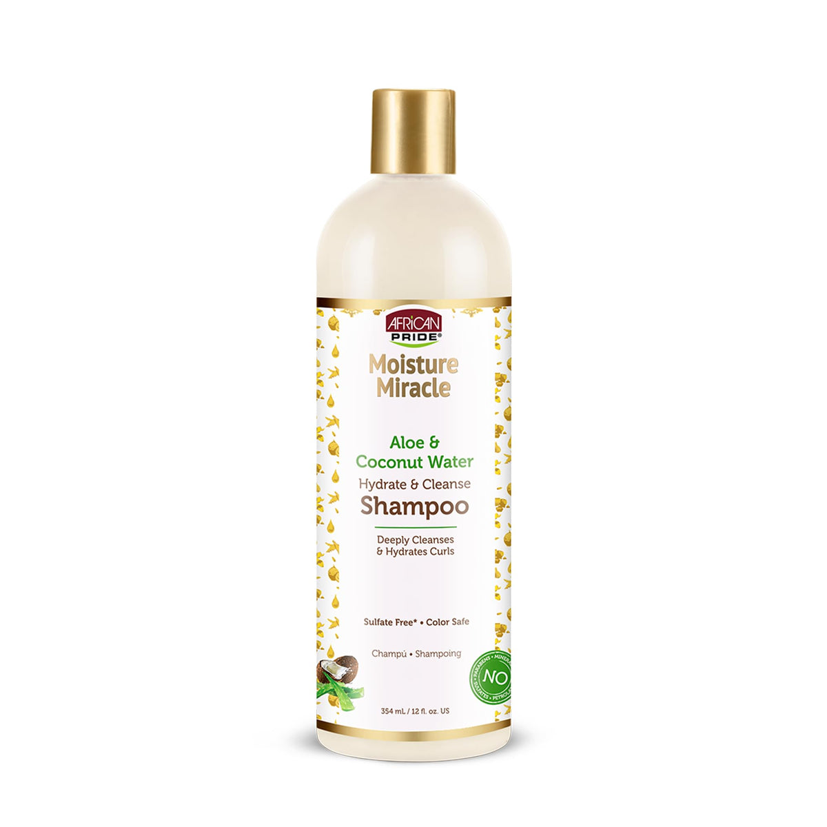 African Pride Moisture Miracle Aloe & Coconut Water Shampoo bottle front for hydrating cleanse.